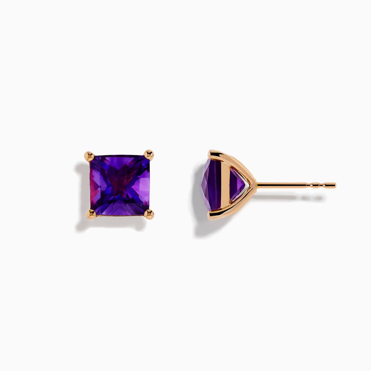 14K Rose Gold Amethyst Stud Earrings featuring square-cut stones in prong settings, shown on a white background.