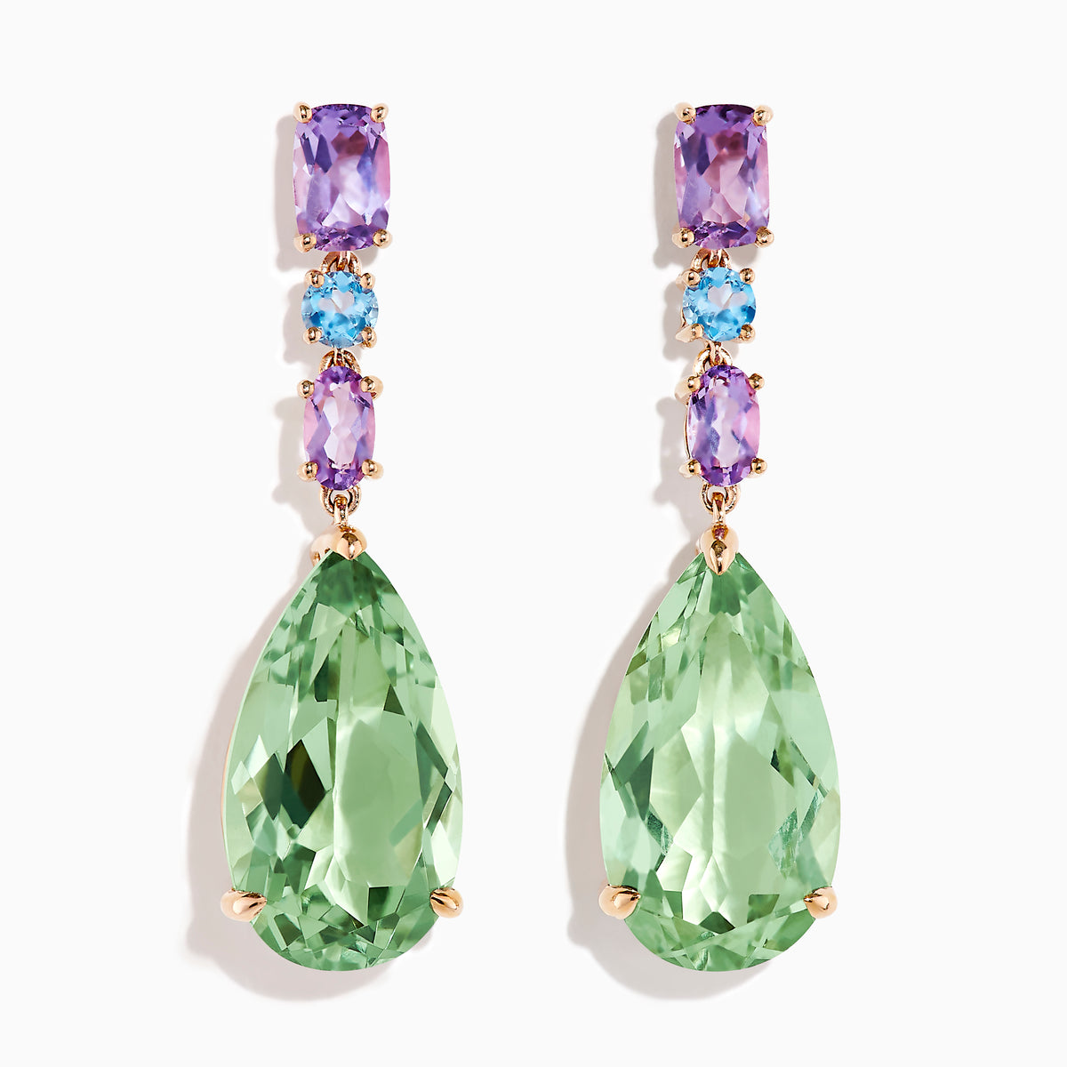 The 14K Rose Gold Blue Topaz Pink and Green Amethyst Drop Earrings showcase pear-shaped green amethyst, with blue topaz and pink amethyst accents, set in rose gold and displayed on a white background.
