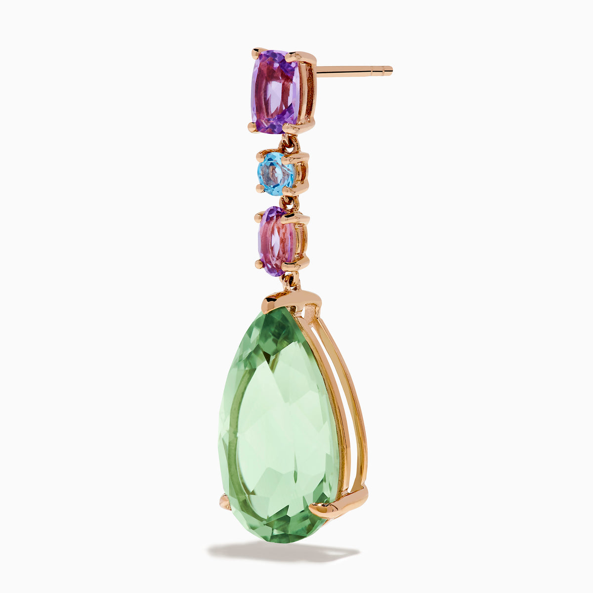 The 14K Rose Gold Blue Topaz Pink and Green Amethyst Drop Earrings showcase pear-shaped green amethyst, with blue topaz and pink amethyst accents, set in rose gold and displayed on a white background.