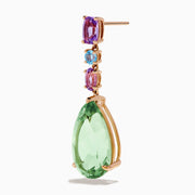 The 14K Rose Gold Blue Topaz Pink and Green Amethyst Drop Earrings showcase pear-shaped green amethyst, with blue topaz and pink amethyst accents, set in rose gold and displayed on a white background.