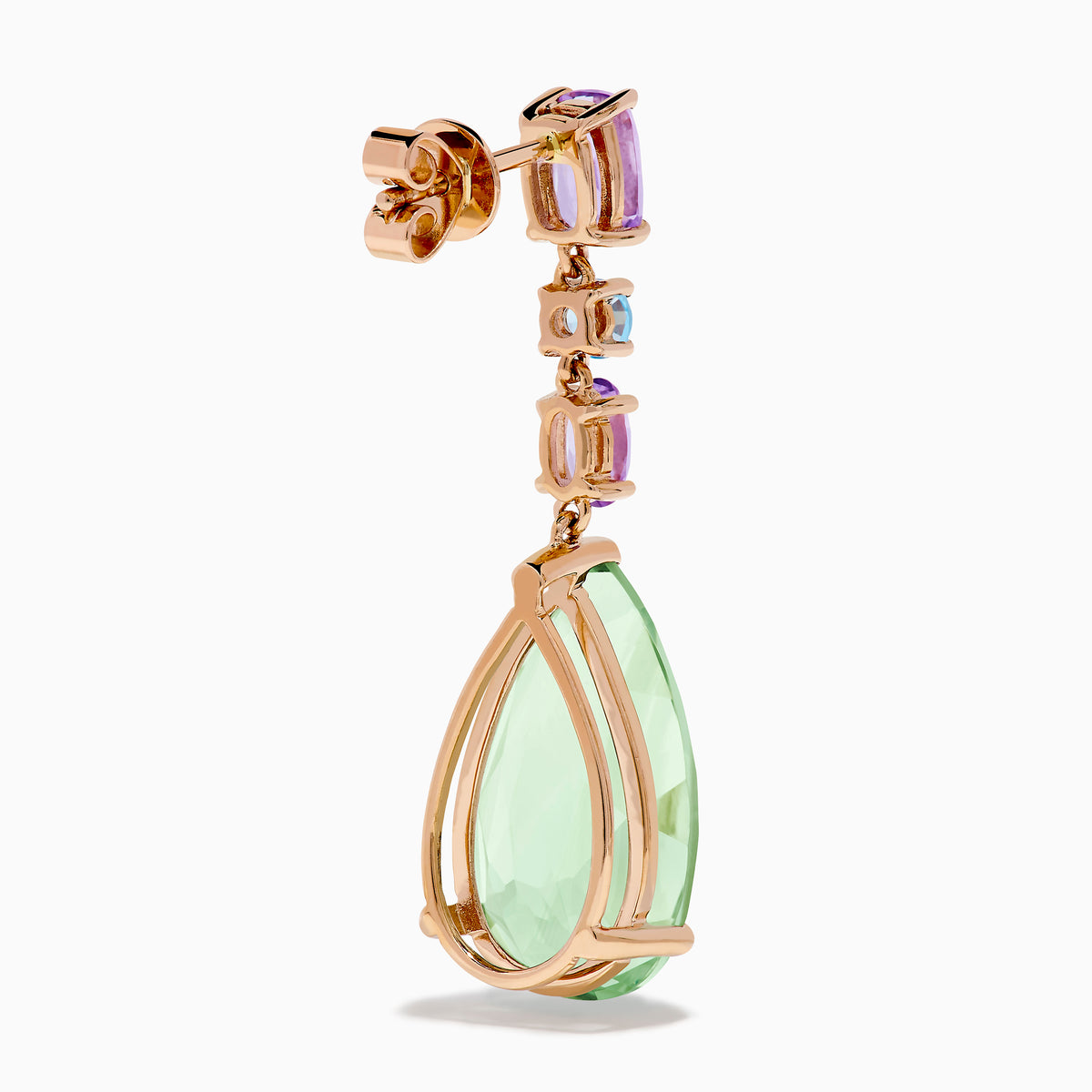 The 14K Rose Gold Blue Topaz Pink and Green Amethyst Drop Earrings showcase pear-shaped green amethyst, with blue topaz and pink amethyst accents, set in rose gold and displayed on a white background.