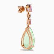 The 14K Rose Gold Blue Topaz Pink and Green Amethyst Drop Earrings showcase pear-shaped green amethyst, with blue topaz and pink amethyst accents, set in rose gold and displayed on a white background.