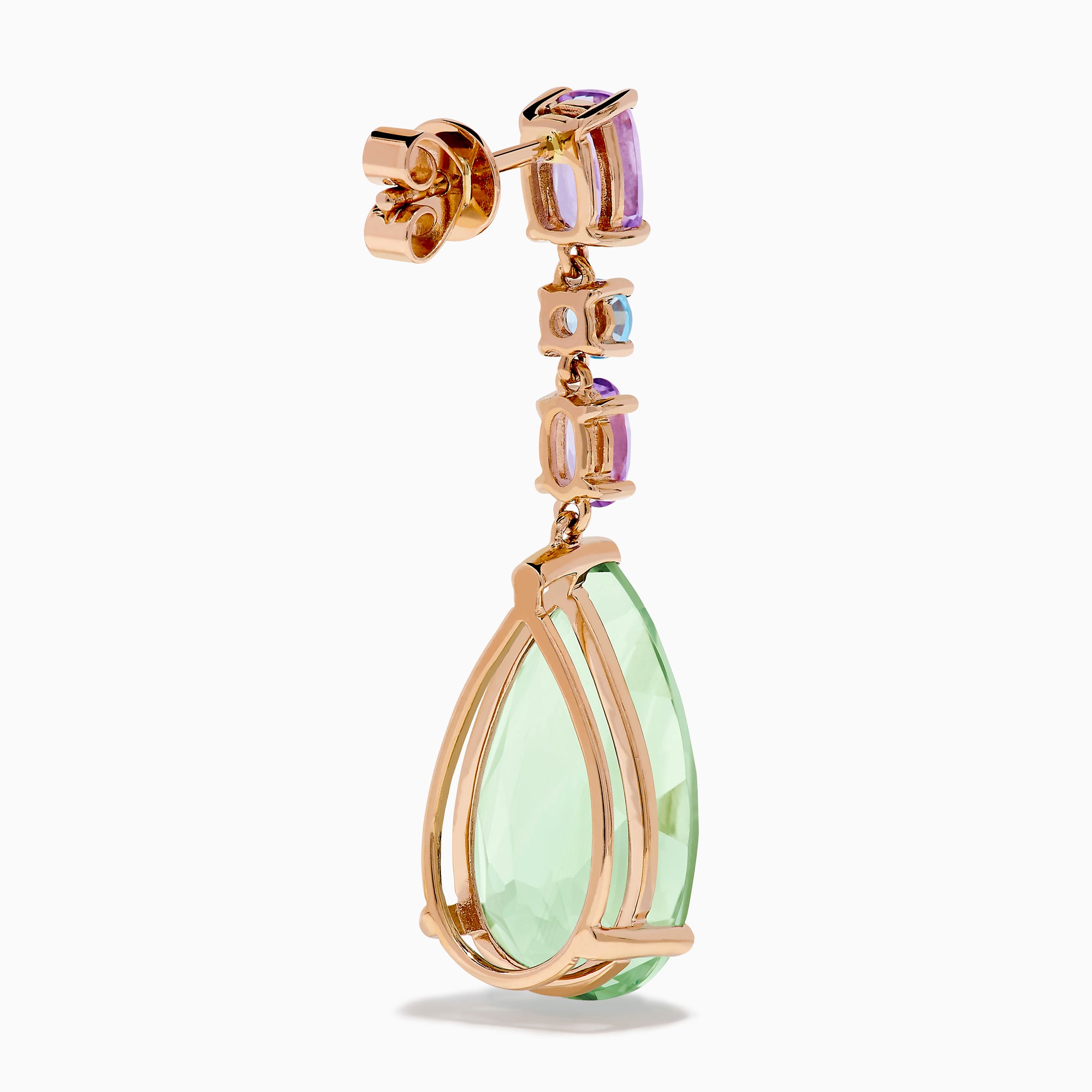 The 14K Rose Gold Blue Topaz Pink and Green Amethyst Drop Earrings showcase pear-shaped green amethyst, with blue topaz and pink amethyst accents, set in rose gold and displayed on a white background.