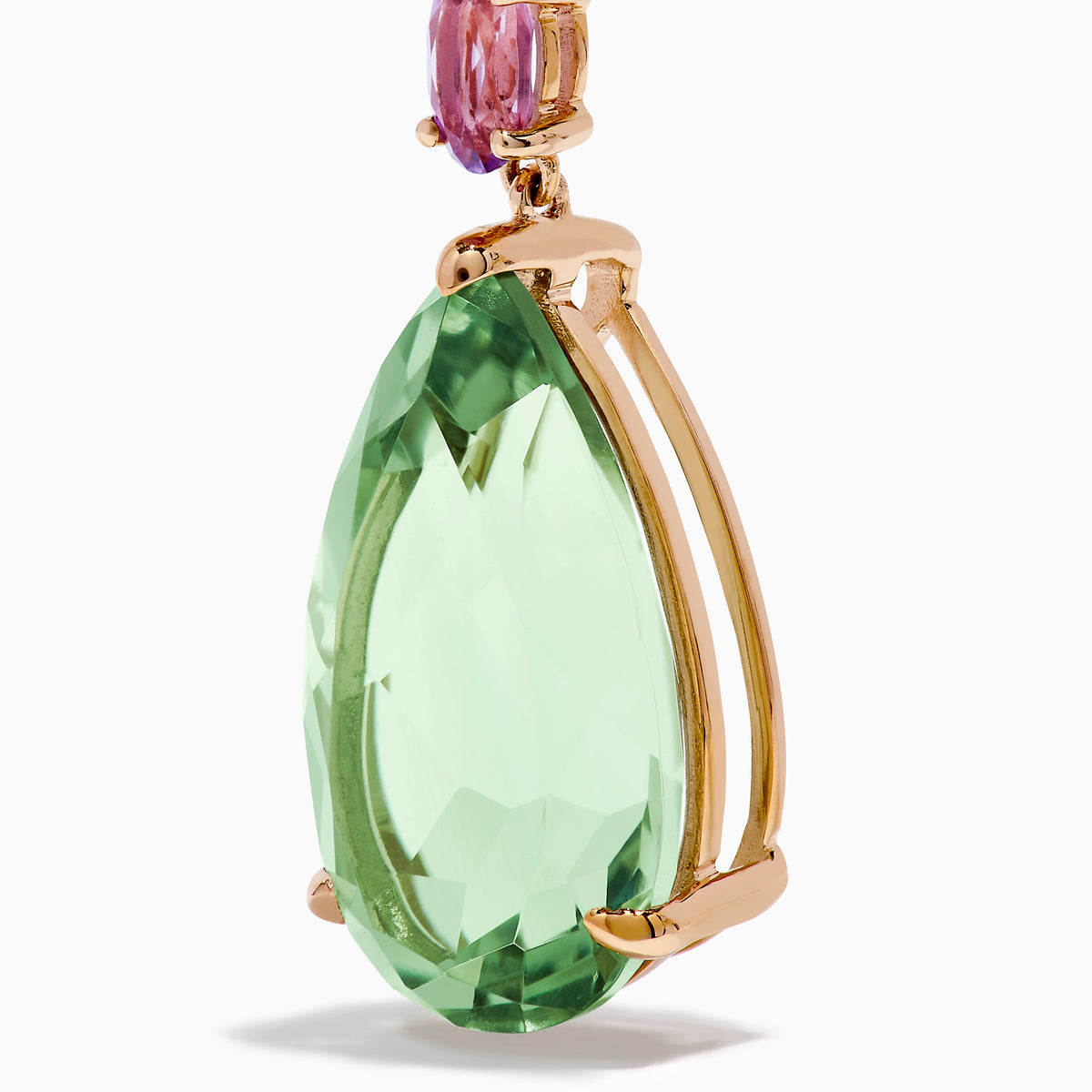 The 14K Rose Gold Blue Topaz Pink and Green Amethyst Drop Earrings showcase pear-shaped green amethyst, with blue topaz and pink amethyst accents, set in rose gold and displayed on a white background.