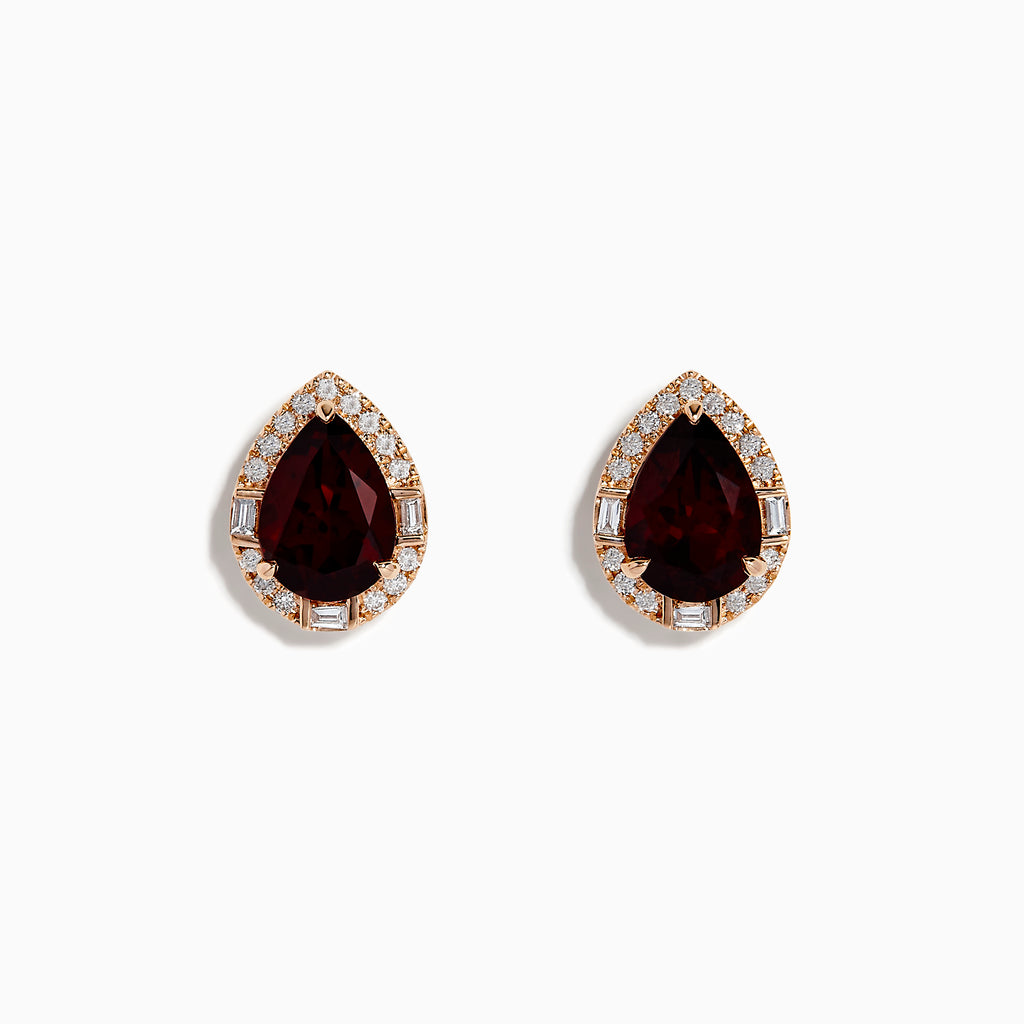 A pair of 14K Rose Gold Garnet and Diamond Earrings featuring teardrop-shaped deep red gemstones encircled by sparkling white diamonds, beautifully displayed on a white background.