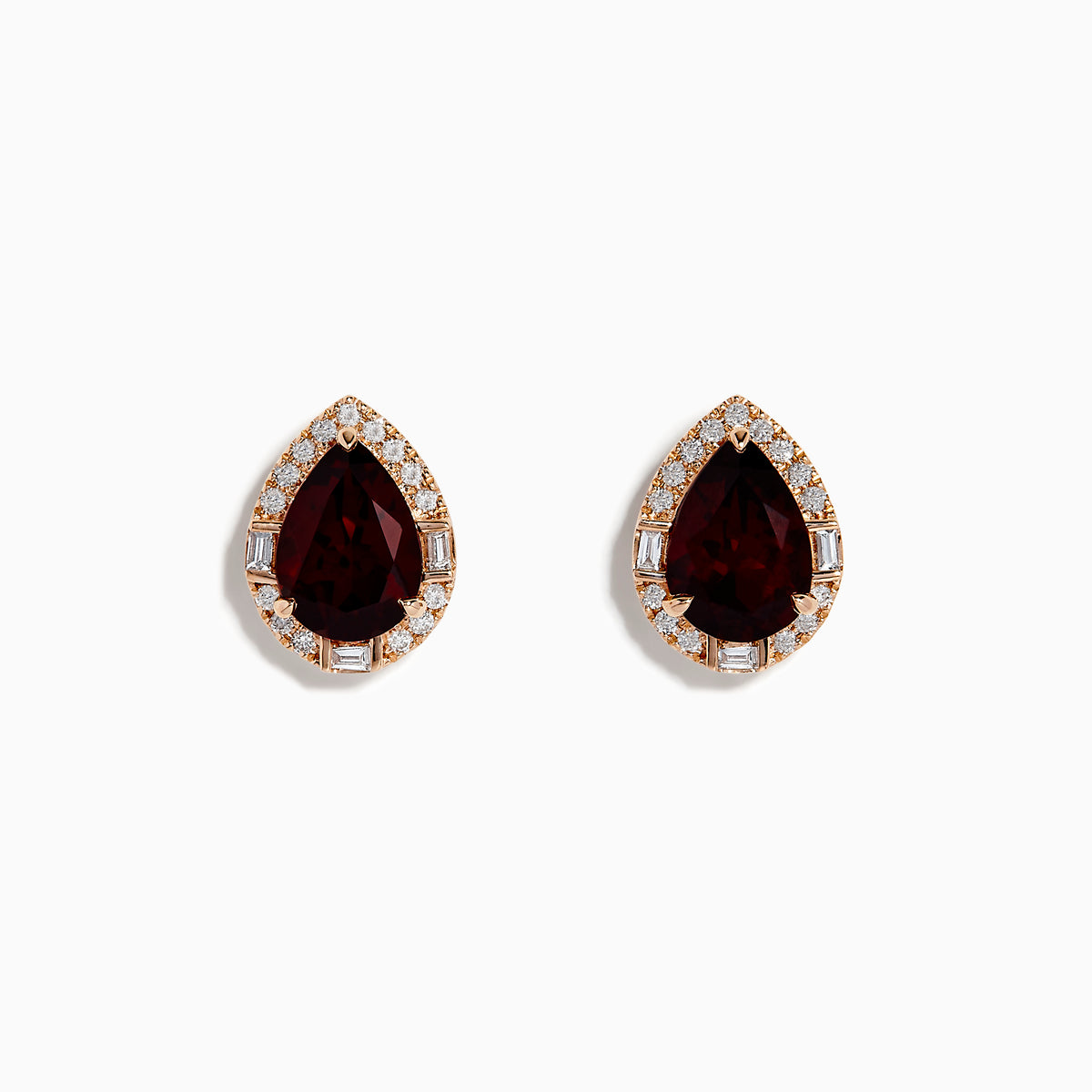 A pair of 14K Rose Gold Garnet and Diamond Earrings featuring teardrop-shaped deep red gemstones encircled by sparkling white diamonds, beautifully displayed on a white background.