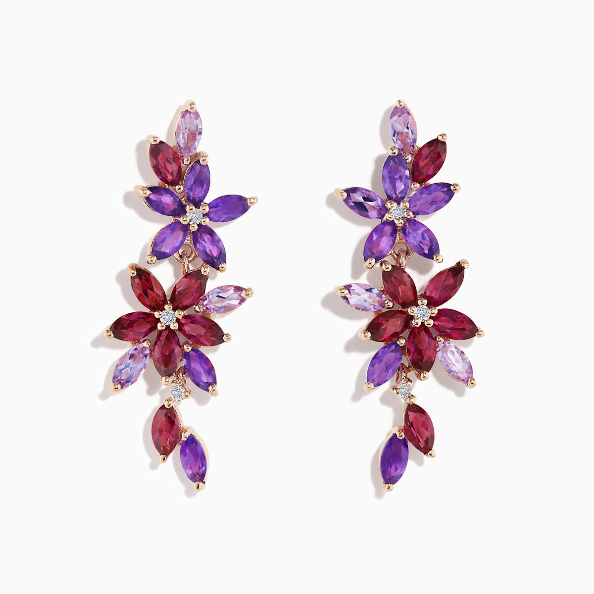 14K Rose Gold Amethyst, Rhodolite and Diamond Floral Cascade Drop Earrings