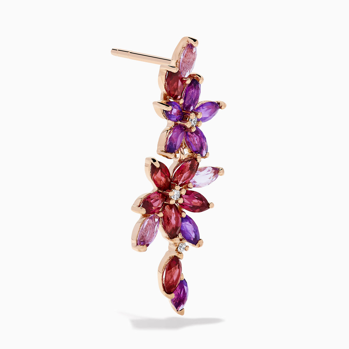 14K Rose Gold Amethyst, Rhodolite and Diamond Floral Cascade Drop Earrings