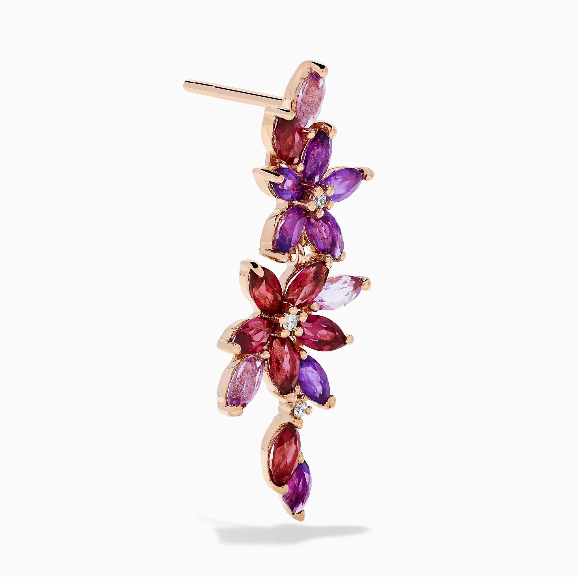 14K Rose Gold Amethyst, Rhodolite and Diamond Floral Cascade Drop Earrings