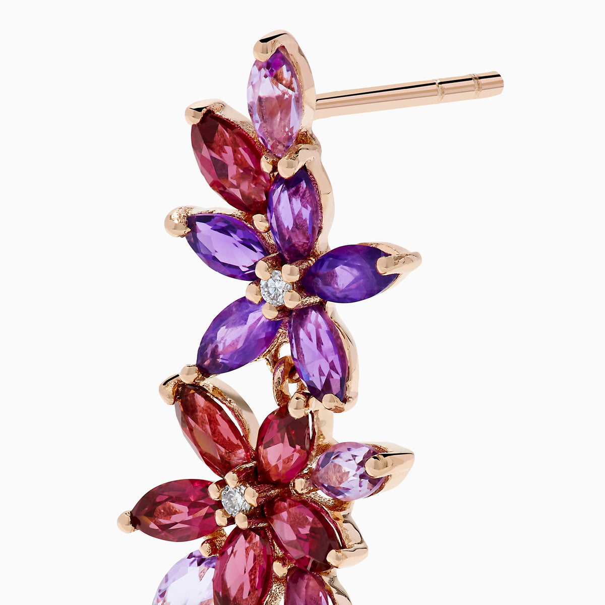 14K Rose Gold Amethyst, Rhodolite and Diamond Floral Cascade Drop Earrings
