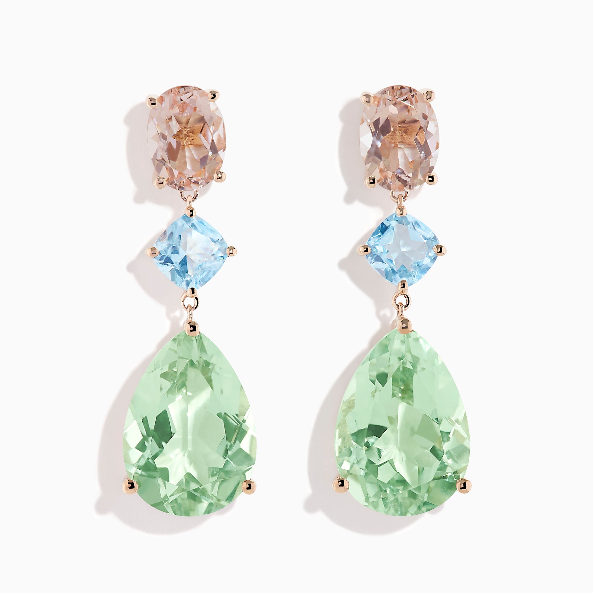 14K Rose Gold Green Amethyst, Blue Topaz and Morganite Drop Earrings