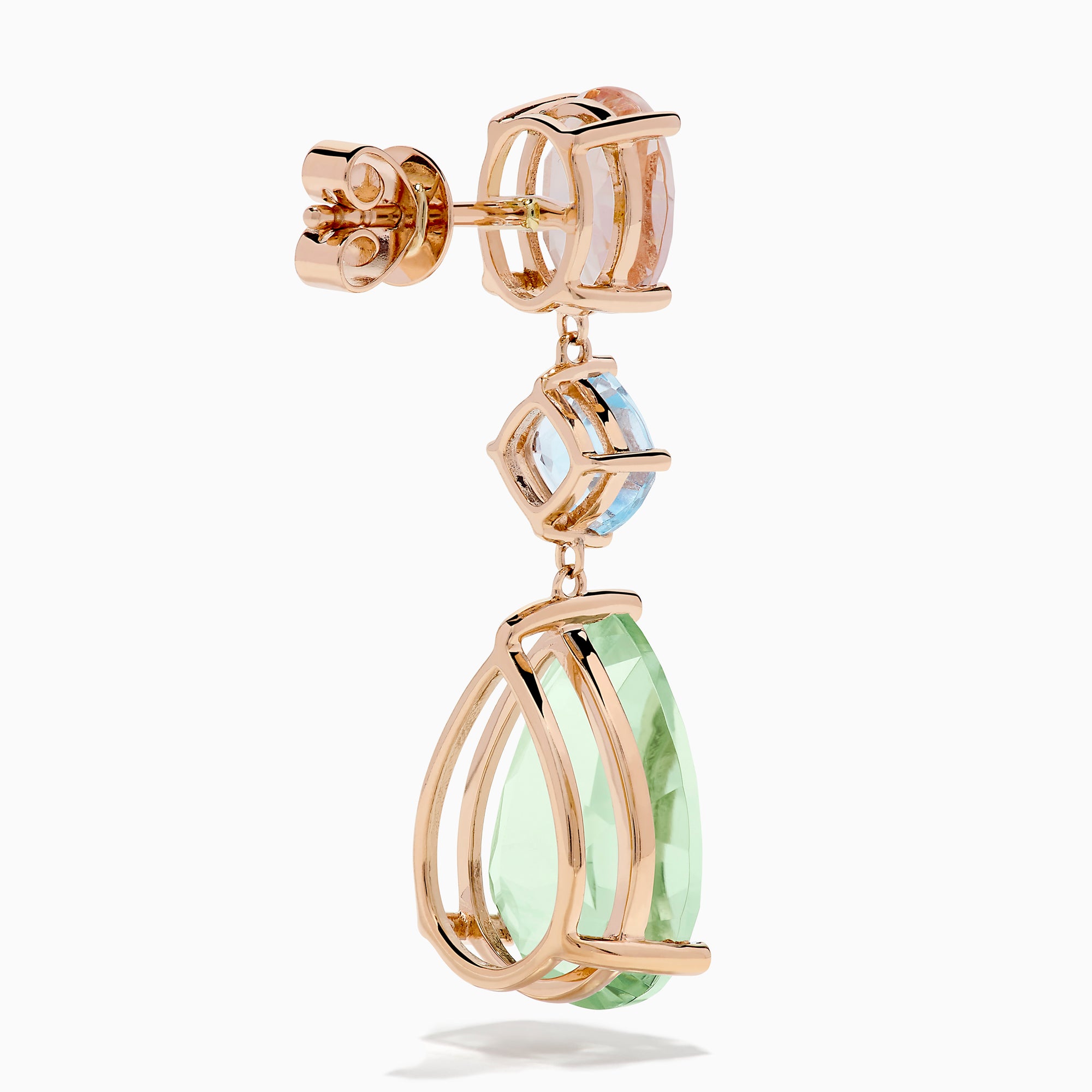 14K Rose Gold Green Amethyst, Blue Topaz and Morganite Drop Earrings
