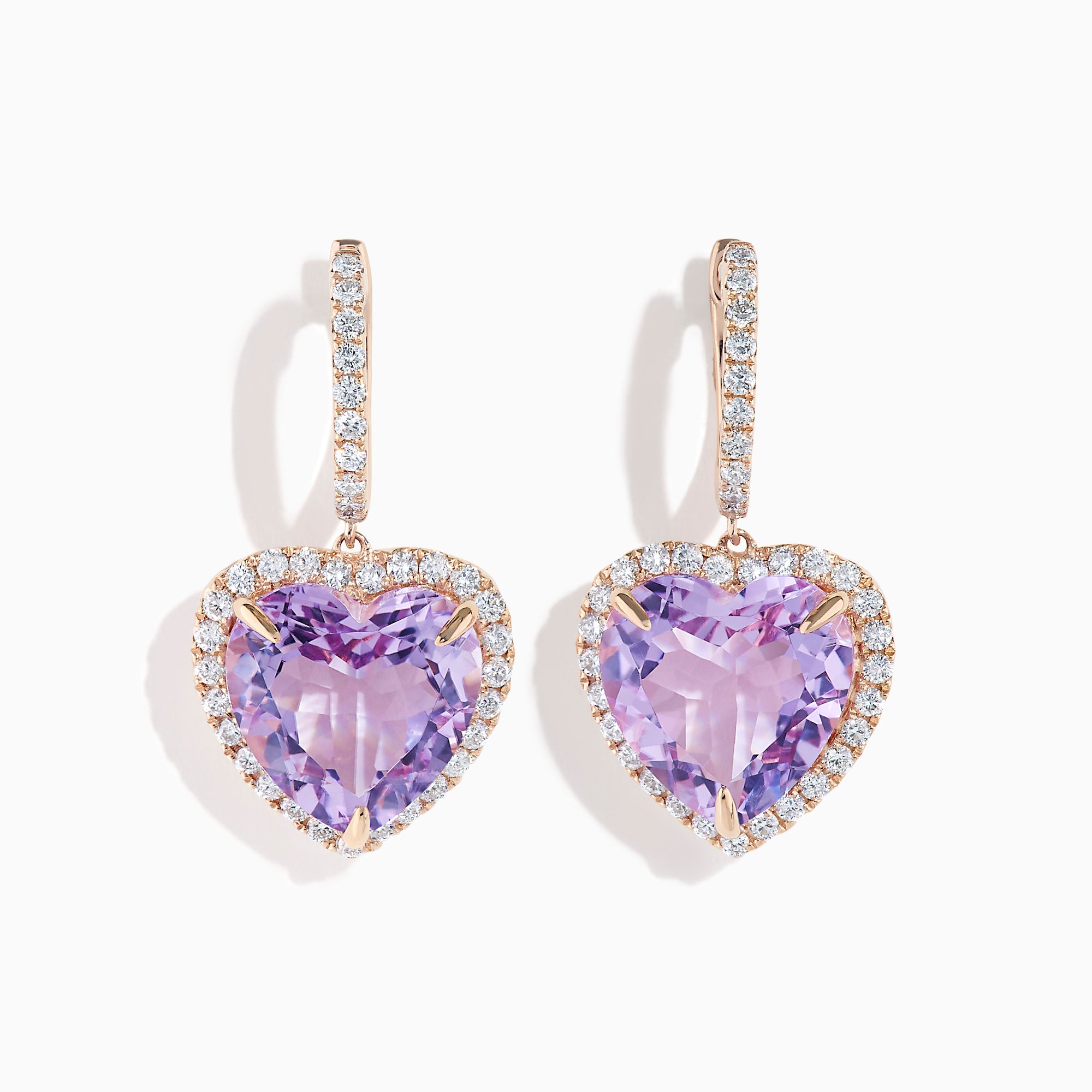 14K Rose Gold Pink Amethyst and Diamond Heart Halo Drop Earrings