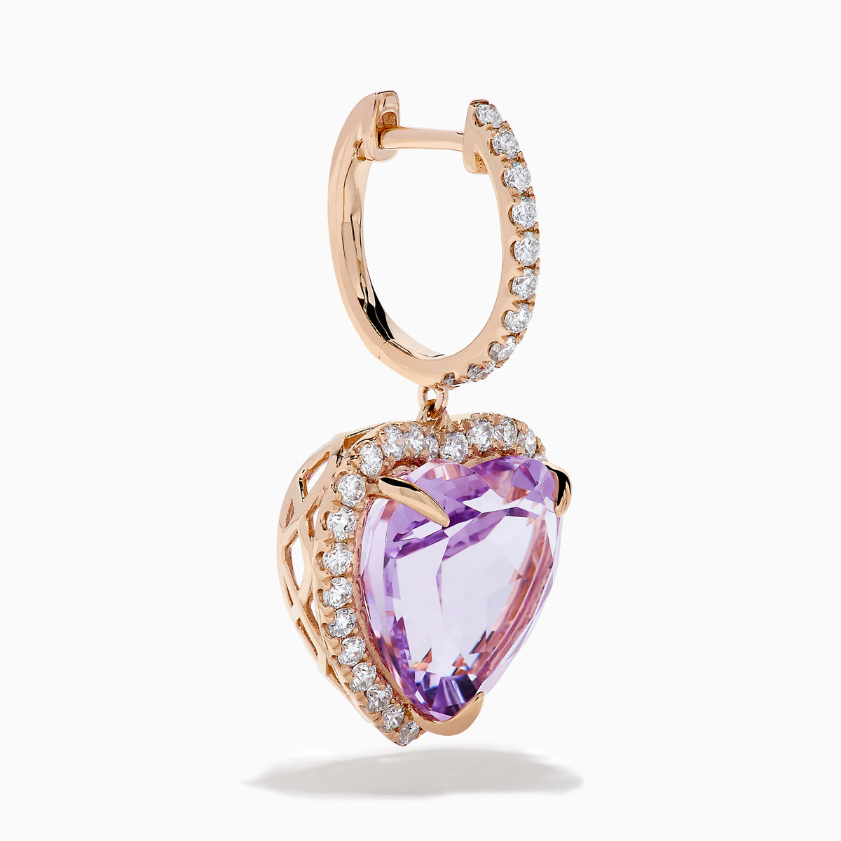 14K Rose Gold Pink Amethyst and Diamond Heart Halo Drop Earrings