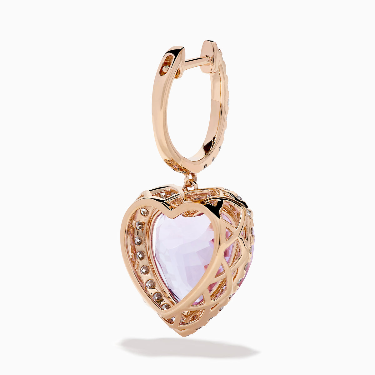 14K Rose Gold Pink Amethyst and Diamond Heart Halo Drop Earrings