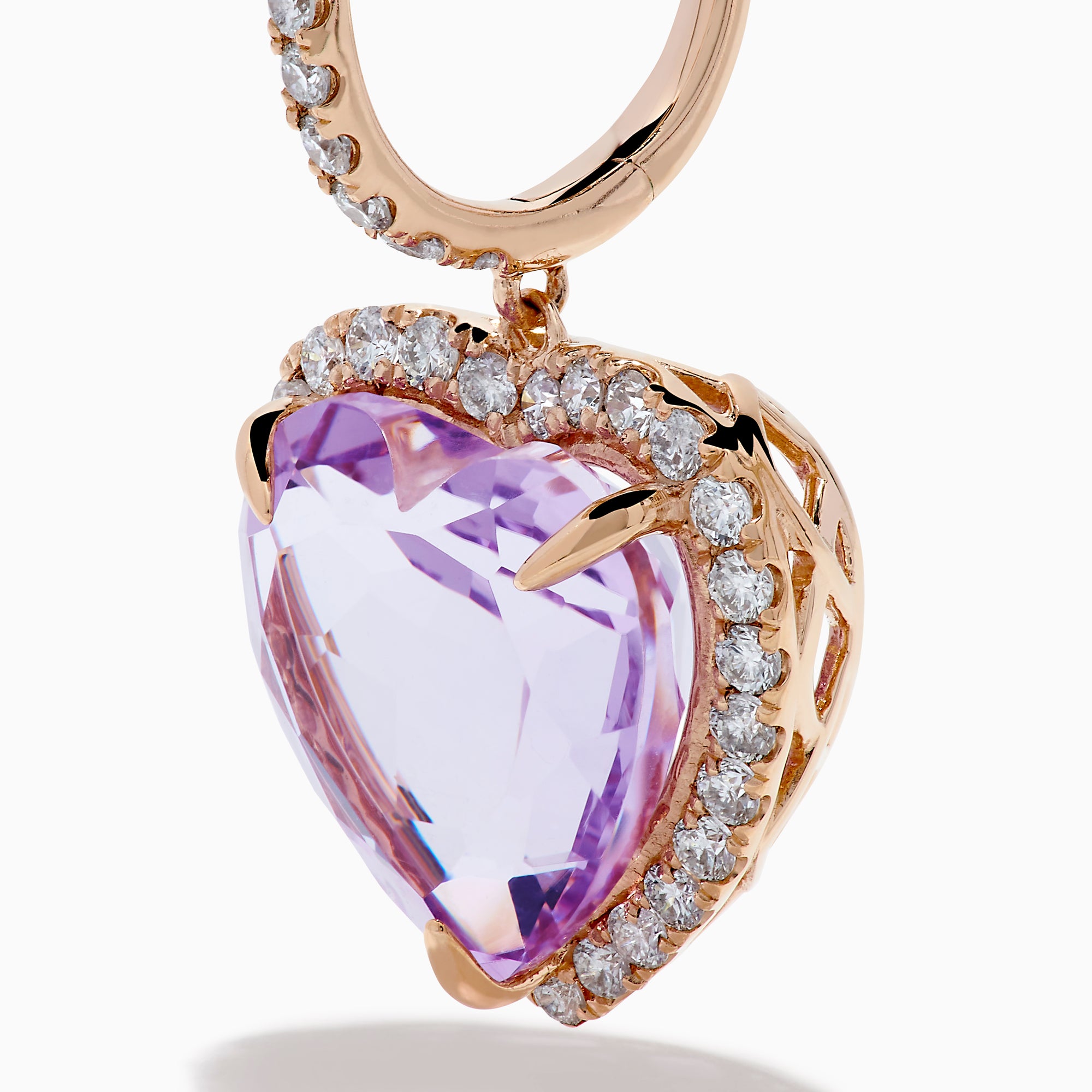 14K Rose Gold Pink Amethyst and Diamond Heart Halo Drop Earrings