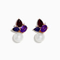 The 14K Rose Gold Multi Gemstone, Fresh Water Pearl, and Diamond Earrings feature large pearls, purple and deep red teardrop gemstones, and diamond accents in a gold setting, shown on a white background.