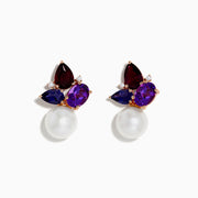 The 14K Rose Gold Multi Gemstone, Fresh Water Pearl, and Diamond Earrings feature large pearls, purple and deep red teardrop gemstones, and diamond accents in a gold setting, shown on a white background.