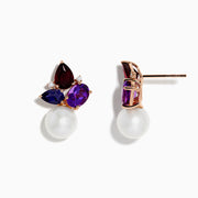 The 14K Rose Gold Multi Gemstone, Fresh Water Pearl, and Diamond Earrings feature large pearls, purple and deep red teardrop gemstones, and diamond accents in a gold setting, shown on a white background.
