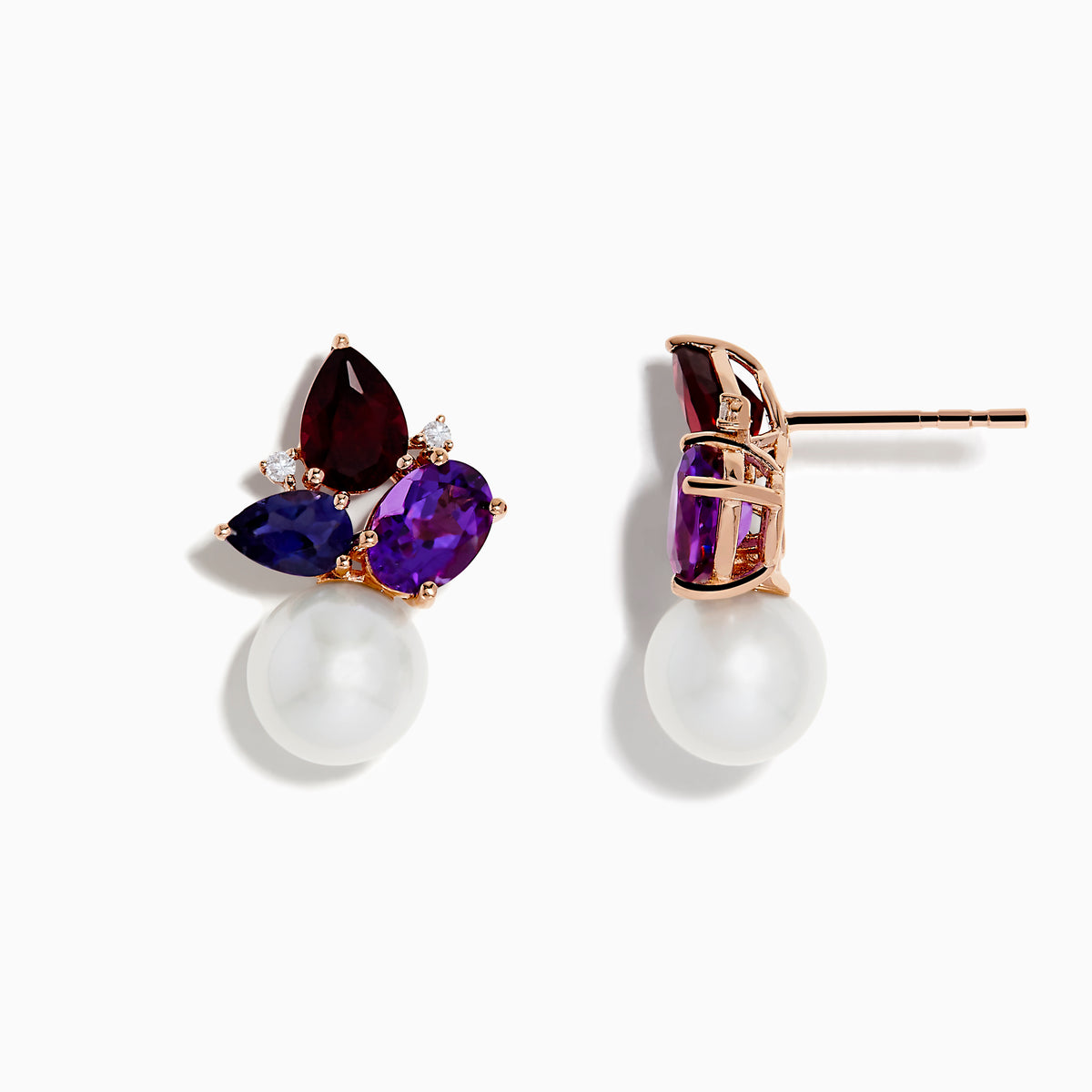 The 14K Rose Gold Multi Gemstone, Fresh Water Pearl, and Diamond Earrings feature large pearls, purple and deep red teardrop gemstones, and diamond accents in a gold setting, shown on a white background.