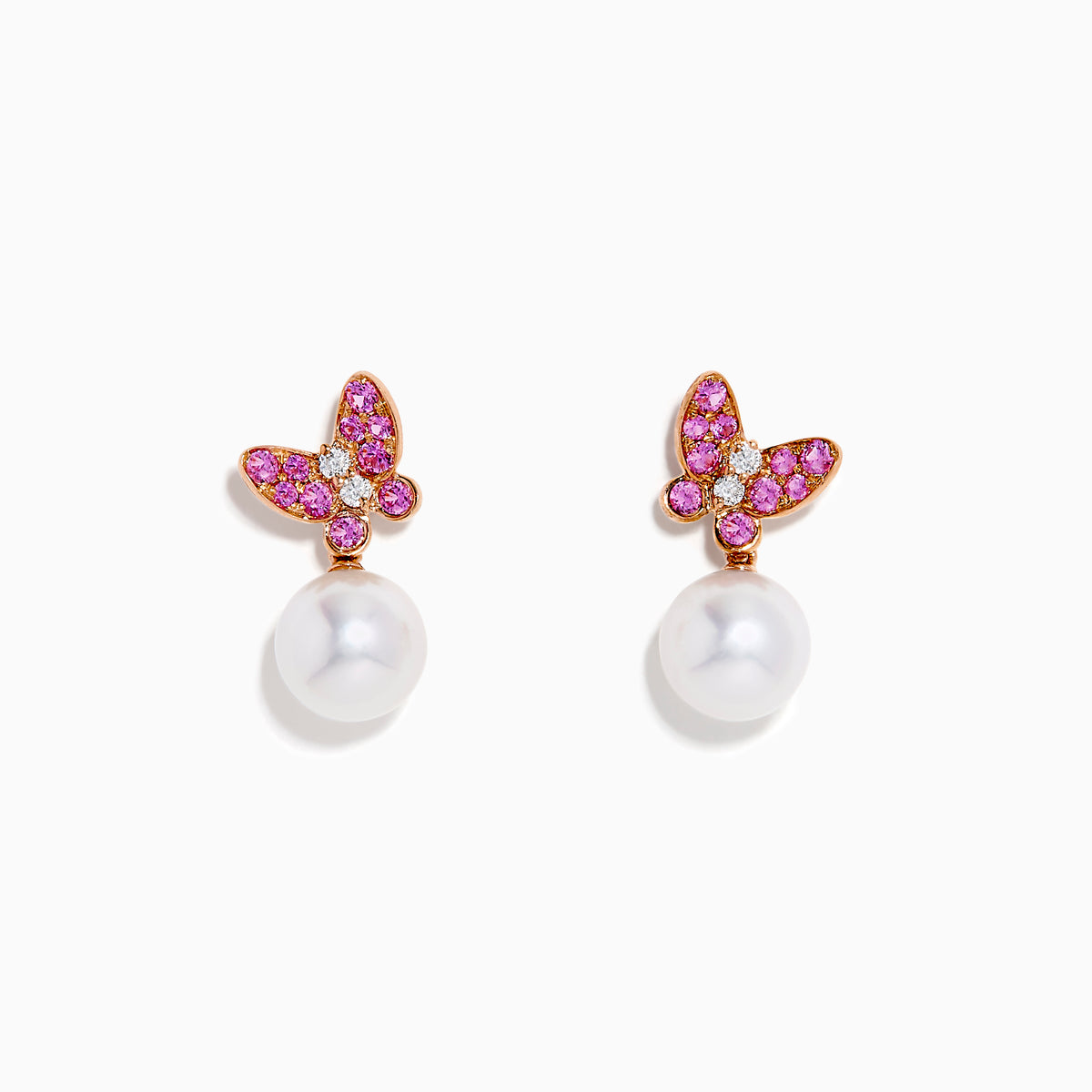 14K Rose Gold Pearl, Pink Sapphire and Diamond Butterfly Drop Earrings