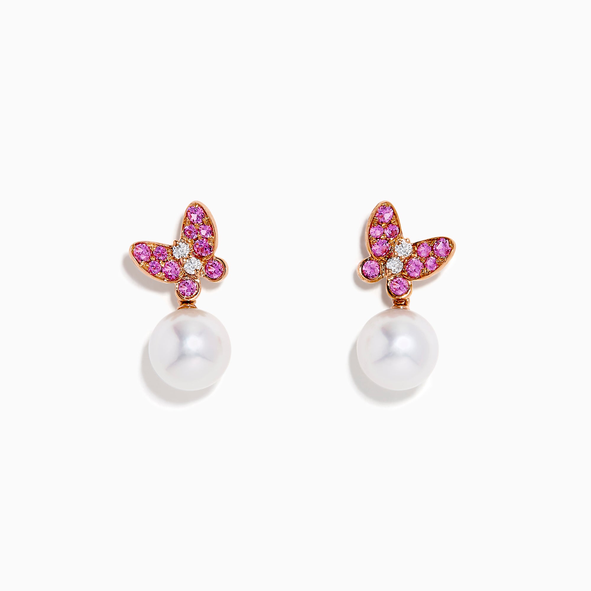14K Rose Gold Pearl, Pink Sapphire and Diamond Butterfly Drop Earrings