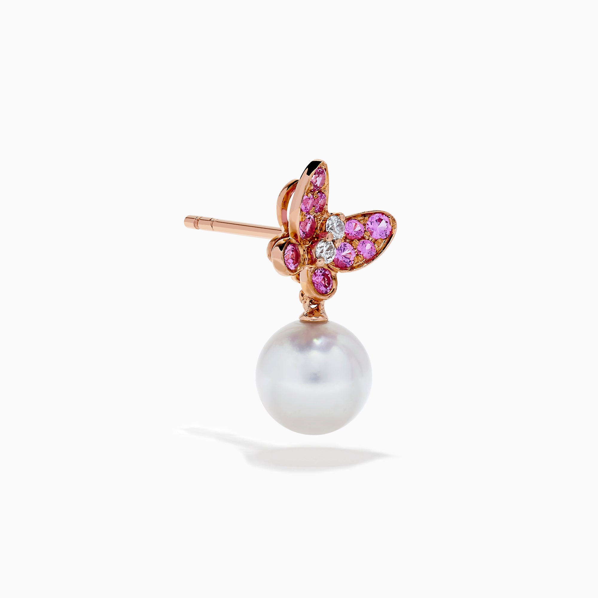 14K Rose Gold Pearl, Pink Sapphire and Diamond Butterfly Drop Earrings