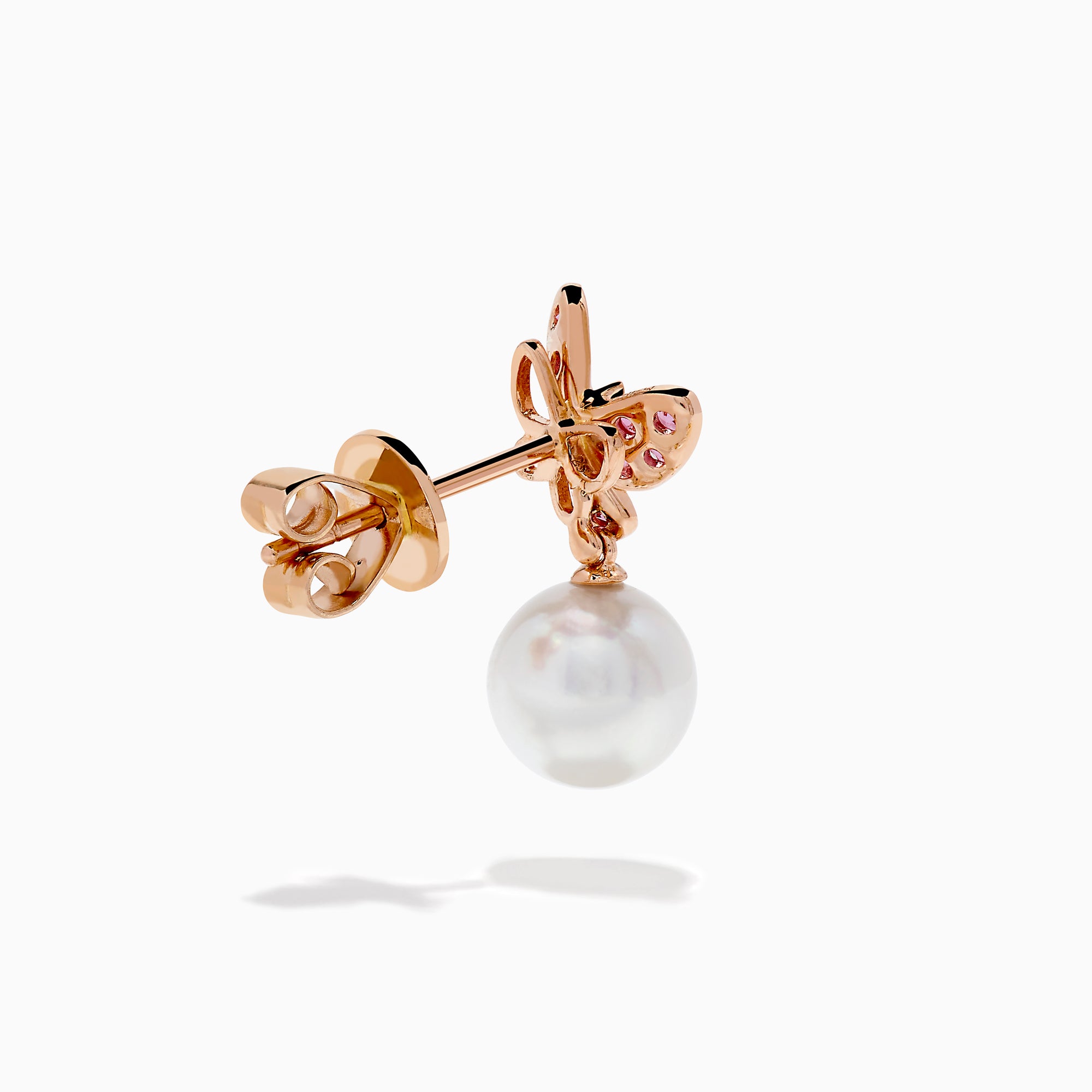 14K Rose Gold Pearl, Pink Sapphire and Diamond Butterfly Drop Earrings
