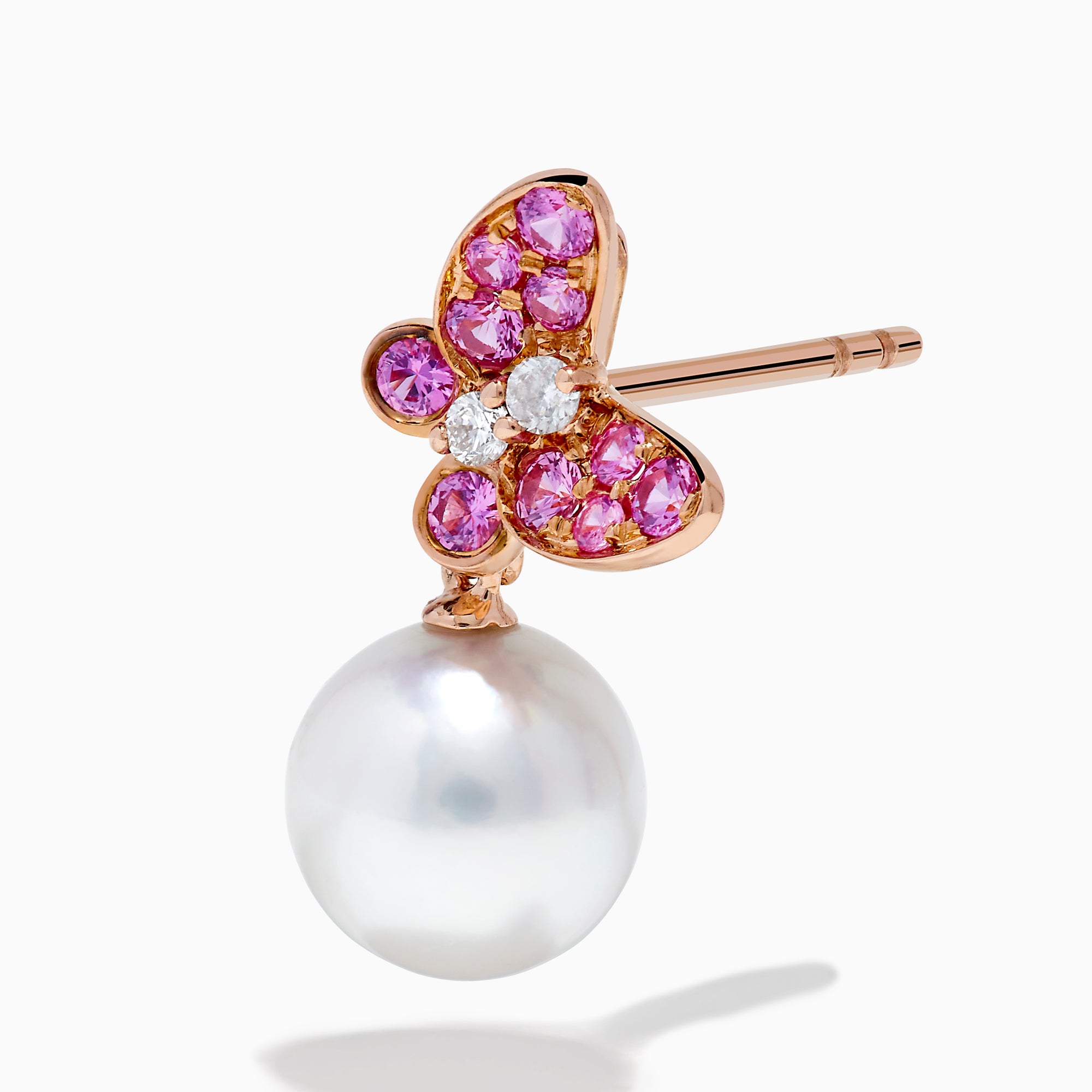 14K Rose Gold Pearl, Pink Sapphire and Diamond Butterfly Drop Earrings