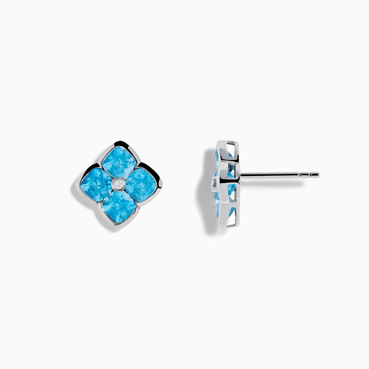 The Ocean Bleu 14K White Gold Blue Topaz and Diamond Earrings feature flower-shaped studs with four blue topaz petals and a central round diamond, all set in elegant white gold.