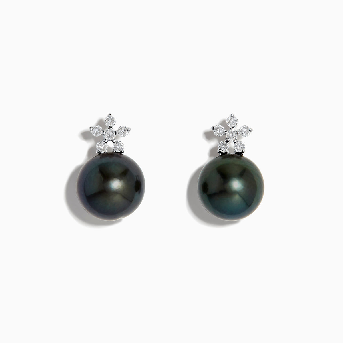 These 14K White Gold Tahitian Pearl and Diamond Earrings feature 9-10 mm round Tahitian pearls accented by a floral cluster of sparkling diamonds, set in white gold.