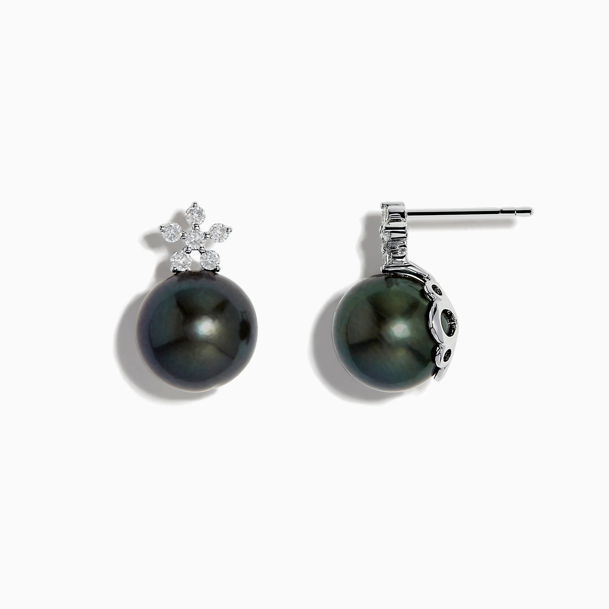 These 14K White Gold Tahitian Pearl and Diamond Earrings feature 9-10 mm round Tahitian pearls accented by a floral cluster of sparkling diamonds, set in white gold.