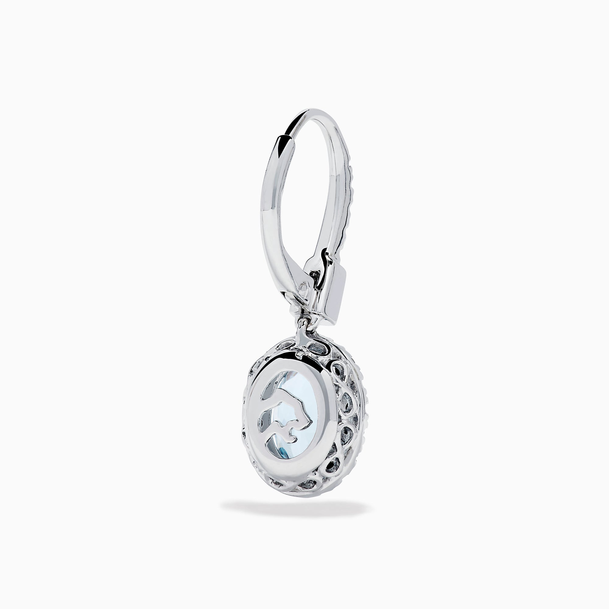14K White Gold Aquamarine and Diamond Dangle Earrings feature oval aquamarines encircled by sparkling diamonds, with additional diamonds on the hooks—an elegant choice for any occasion.