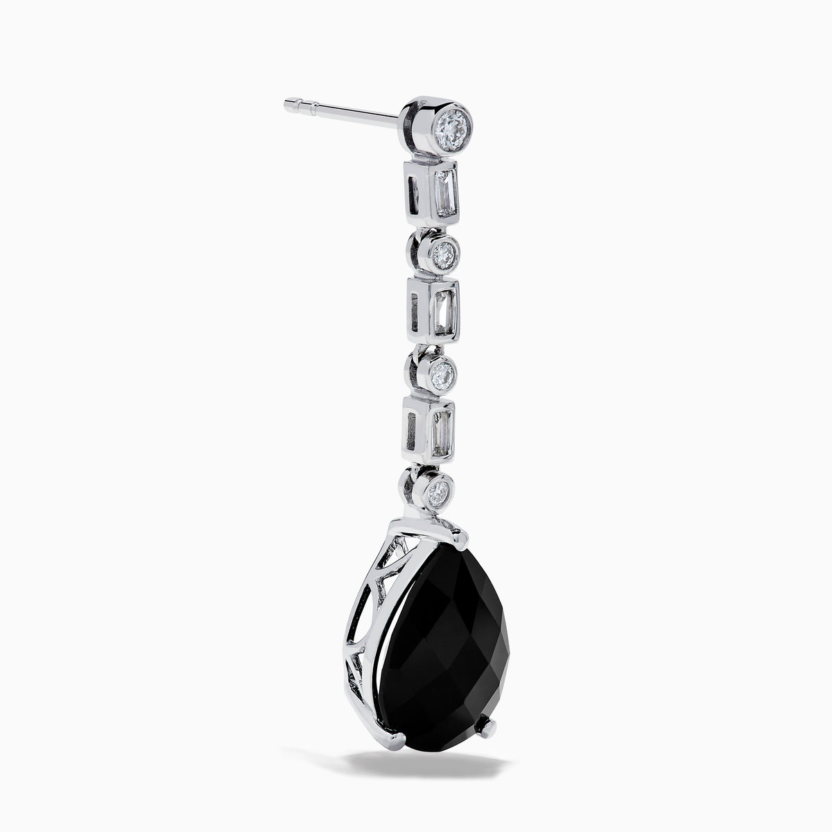 A pair of 14K White Gold Black Onyx and Diamond Linear Drop Earrings featuring alternating diamonds and black onyx gemstones, ending with a large faceted teardrop-shaped black onyx for a timeless look.