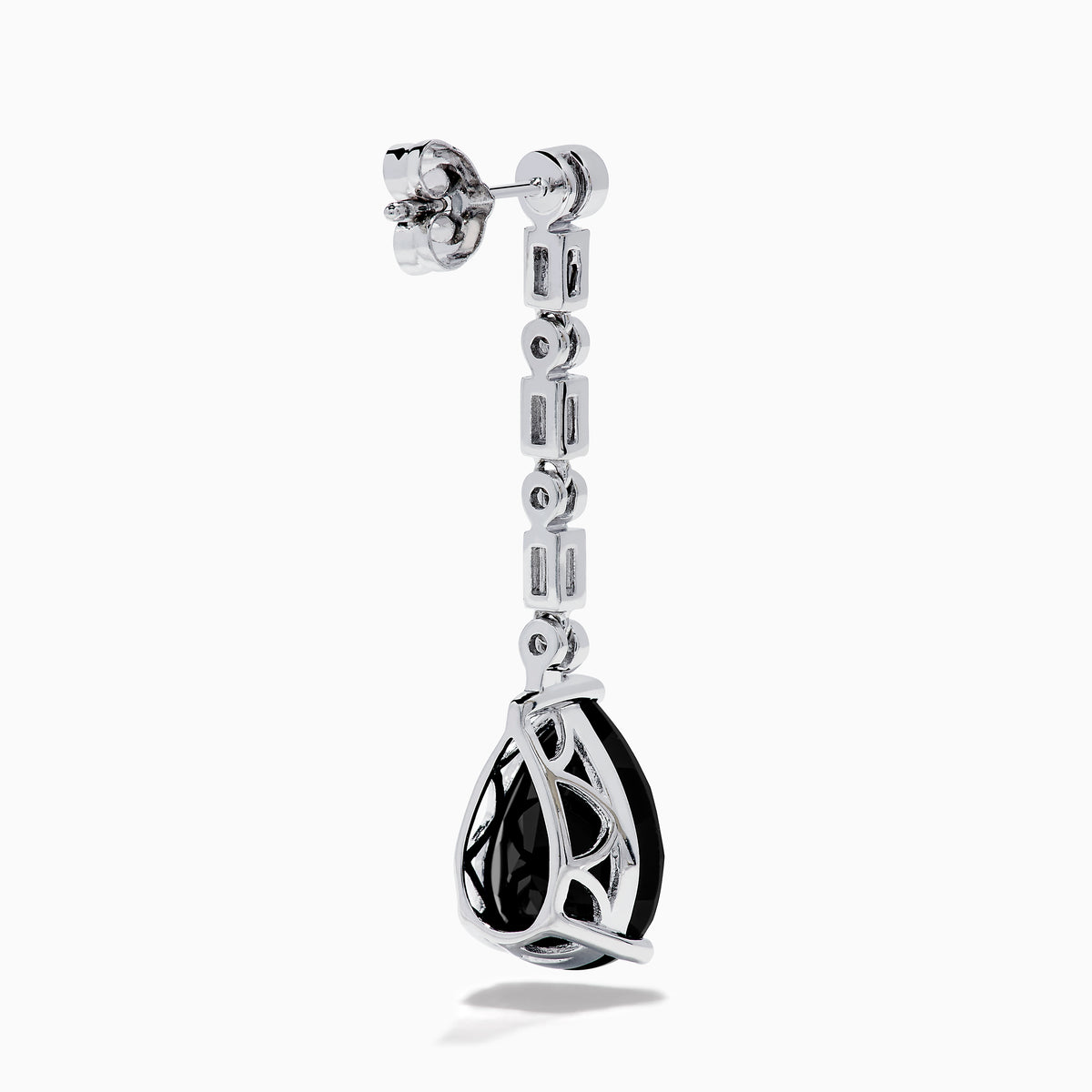 A pair of 14K White Gold Black Onyx and Diamond Linear Drop Earrings featuring alternating diamonds and black onyx gemstones, ending with a large faceted teardrop-shaped black onyx for a timeless look.