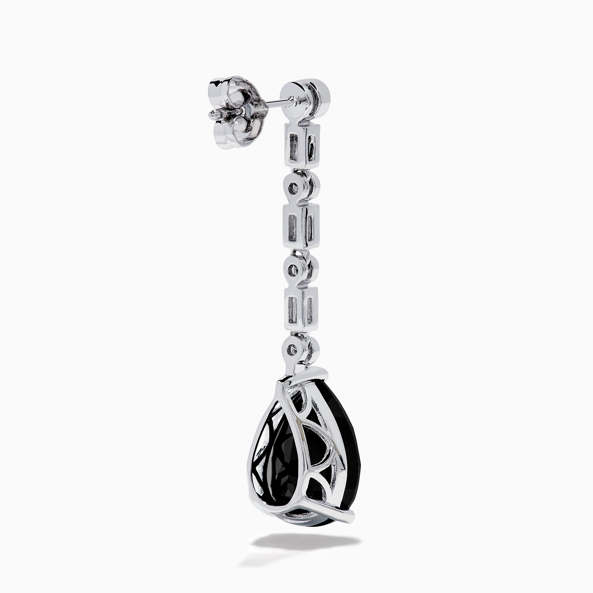 A pair of 14K White Gold Black Onyx and Diamond Linear Drop Earrings featuring alternating diamonds and black onyx gemstones, ending with a large faceted teardrop-shaped black onyx for a timeless look.