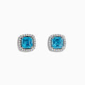14K White Gold Blue Zircon and Diamond Stud Earrings featuring square-cut blue zircon stones, each encircled by a halo of sparkling diamonds, set on a white background.