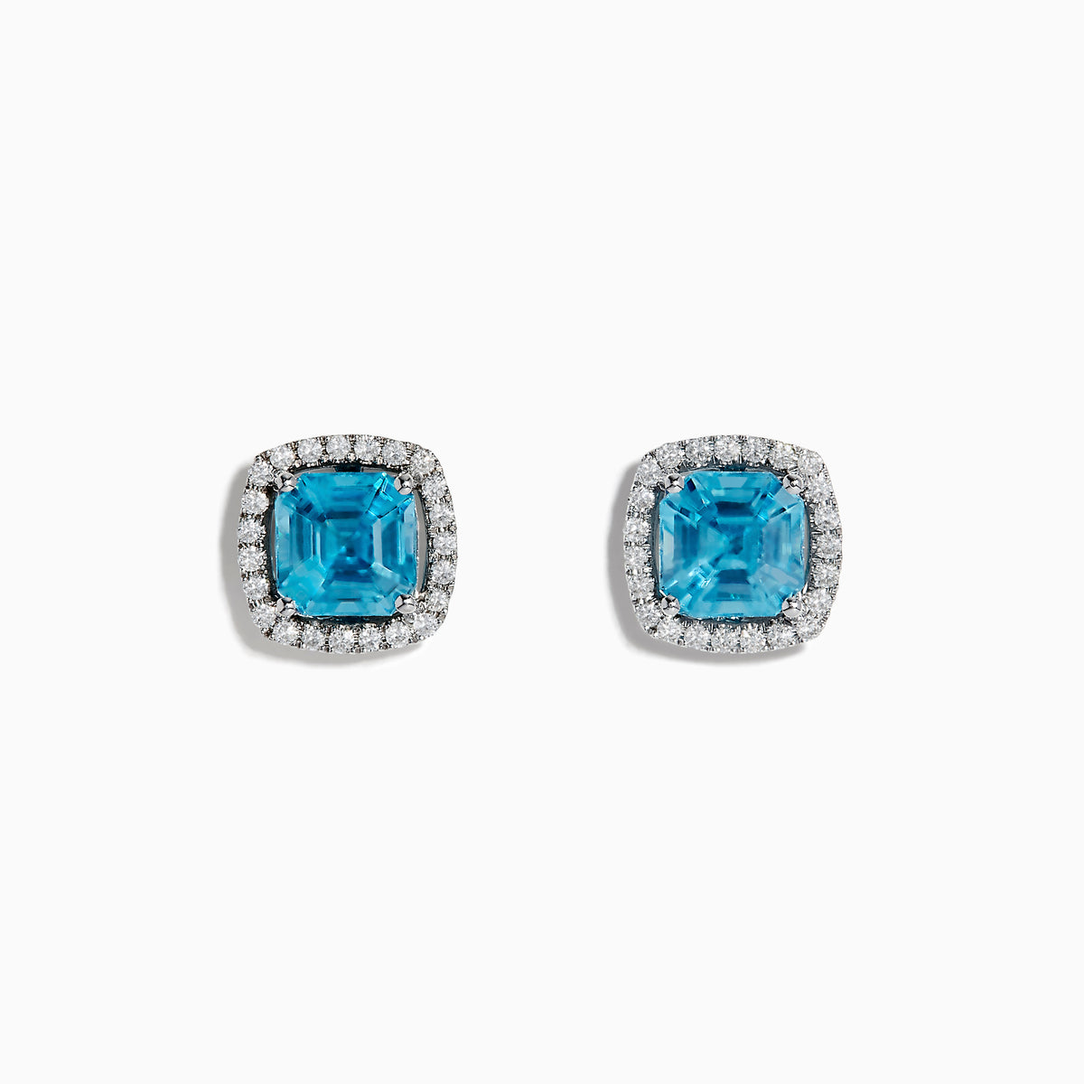 14K White Gold Blue Zircon and Diamond Stud Earrings featuring square-cut blue zircon stones, each encircled by a halo of sparkling diamonds, set on a white background.