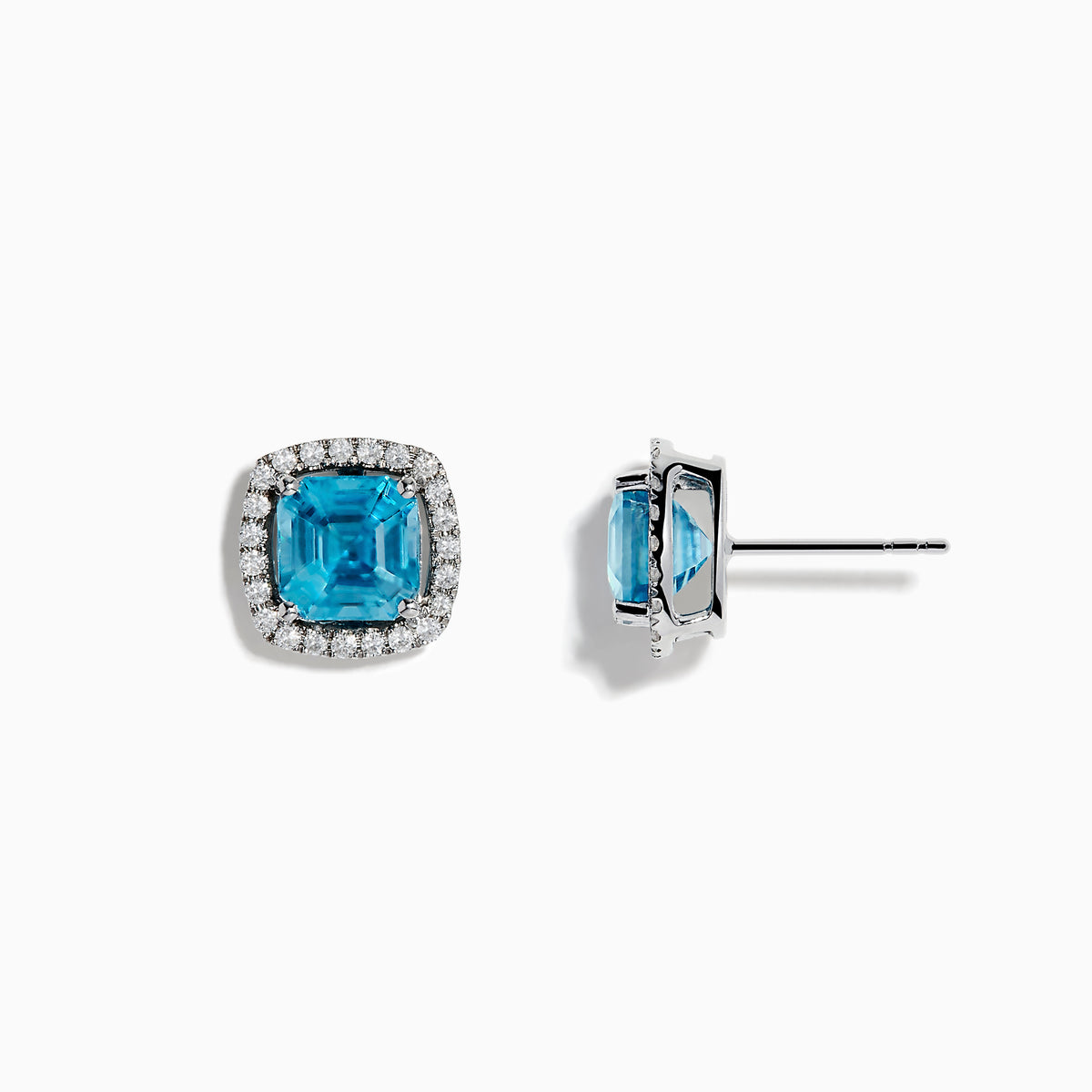 14K White Gold Blue Zircon and Diamond Stud Earrings featuring square-cut blue zircon stones, each encircled by a halo of sparkling diamonds, set on a white background.