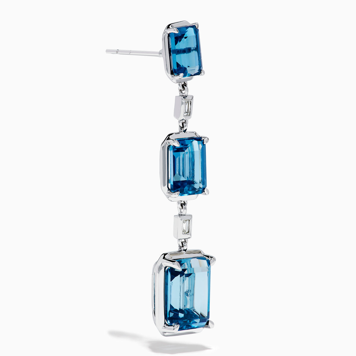 14K White Gold Blue Topaz and Diamond Linear Drop Earrings featuring three rectangular blue topaz gems and two small vertical diamonds in an alternating, linear pattern.