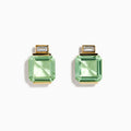 14K Yellow Gold Green Amethyst and White Topaz Earrings, each with a large square-cut green amethyst beneath a smaller rectangular white topaz, shown on a white background.