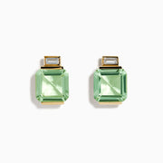 14K Yellow Gold Green Amethyst and White Topaz Earrings, each with a large square-cut green amethyst beneath a smaller rectangular white topaz, shown on a white background.
