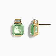 14K Yellow Gold Green Amethyst and White Topaz Earrings, each with a large square-cut green amethyst beneath a smaller rectangular white topaz, shown on a white background.