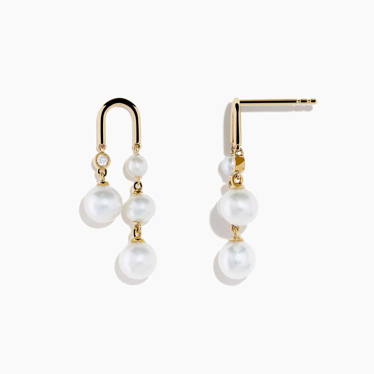 The 14K Yellow Gold Fresh Water Pearl and Diamond Drop Earrings feature a stud with a single diamond and three dangling freshwater pearls, displayed against a white background.