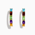 Mosaic 14K Yellow Gold Multi Color Gemstone Hoop Earrings feature square-cut blue, red, green, yellow, and purple gems arranged vertically on gold hoops against a white background.