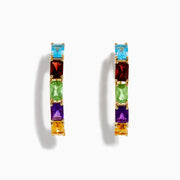 Mosaic 14K Yellow Gold Multi Color Gemstone Hoop Earrings feature square-cut blue, red, green, yellow, and purple gems arranged vertically on gold hoops against a white background.
