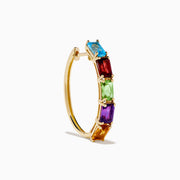 Mosaic 14K Yellow Gold Multi Color Gemstone Hoop Earrings feature square-cut blue, red, green, yellow, and purple gems arranged vertically on gold hoops against a white background.