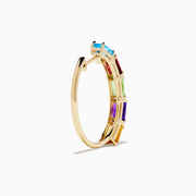 Mosaic 14K Yellow Gold Multi Color Gemstone Hoop Earrings feature square-cut blue, red, green, yellow, and purple gems arranged vertically on gold hoops against a white background.