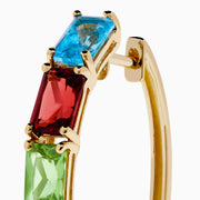 Mosaic 14K Yellow Gold Multi Color Gemstone Hoop Earrings feature square-cut blue, red, green, yellow, and purple gems arranged vertically on gold hoops against a white background.