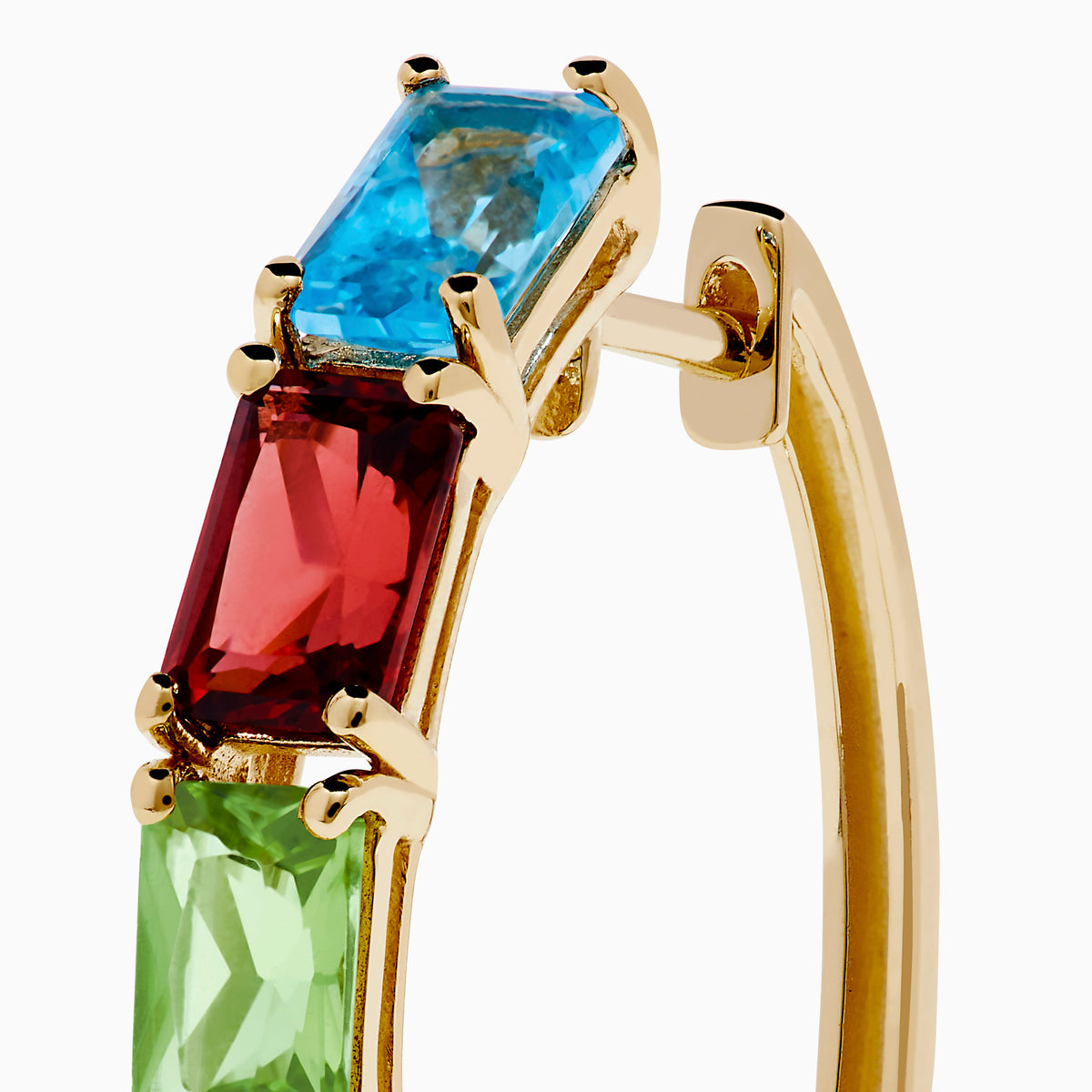 Mosaic 14K Yellow Gold Multi Color Gemstone Hoop Earrings feature square-cut blue, red, green, yellow, and purple gems arranged vertically on gold hoops against a white background.